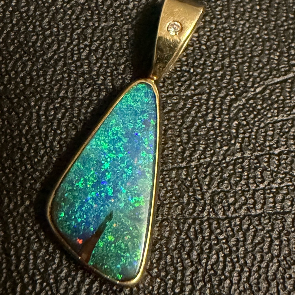 18k yellow gold Australian boulder opal pendant diamond ;hoop is stamped 14k